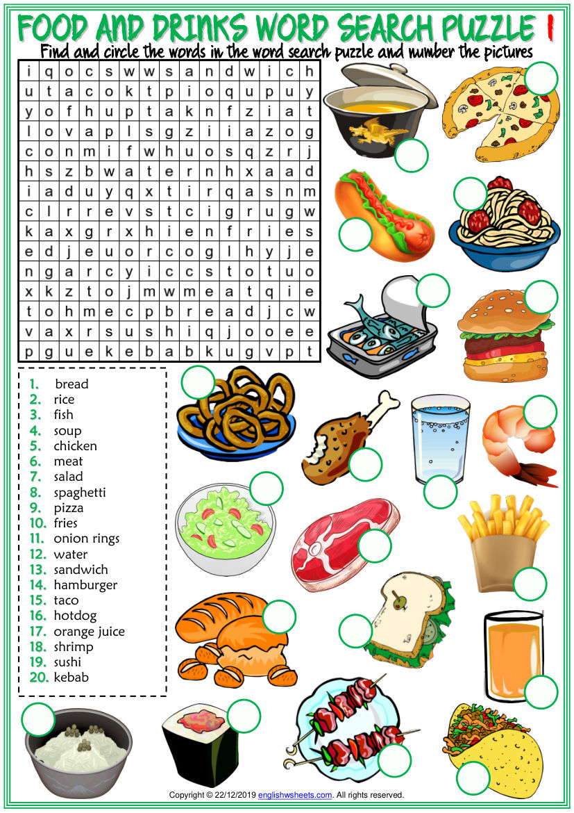 Food And Drinks Word Search Puzzles