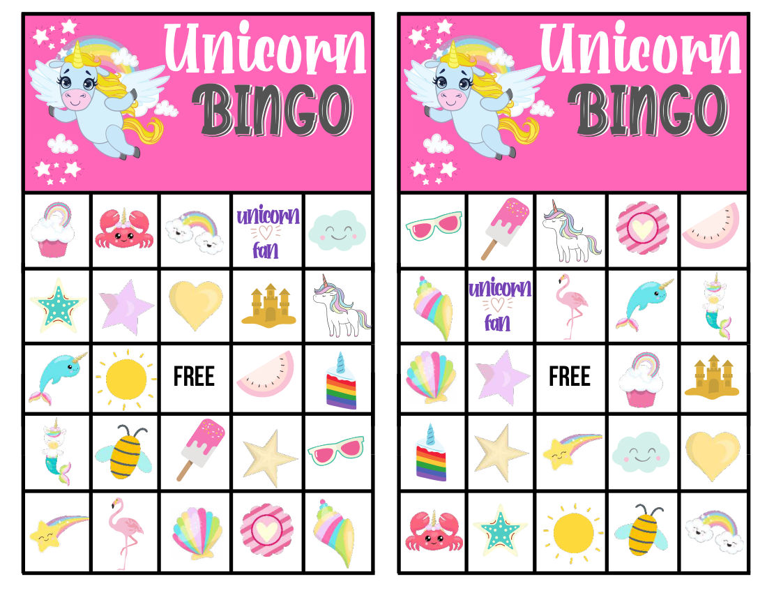Magical Unicorn Bingo Game Cards