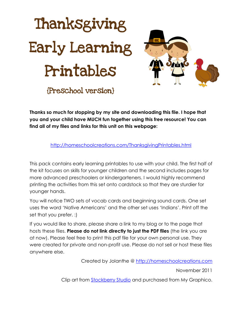 Thanksgiving Early Learning Printables