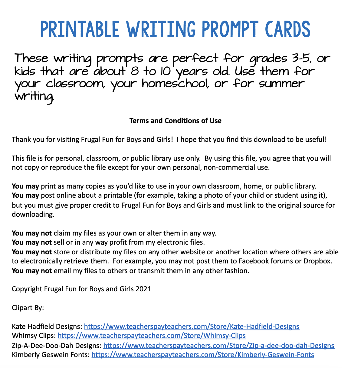 Creative Writing Prompt Cards
