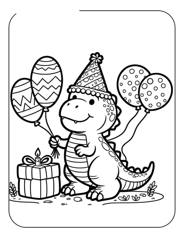 It's a dino-mite party! Color this birthday dinosaur with balloons and a present.